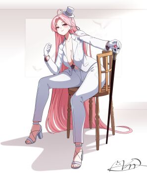 Rule 34 | 1girl, absurdly long hair, ahoge, black shoes, blush, breasts, cane, chair, closed mouth, collarbone, commentary, commission, full body, gloves, hand up, hat, heart, heart ahoge, high heels, highres, holding, holding cane, jacket, lapels, large breasts, leaning forward, long hair, looking at viewer, majinmallow, mole, mole under eye, no bra, open clothes, open jacket, pants, pink eyes, pink hair, planted cane, selline (trickcal), shoes, signature, small breasts, solo, top hat, trickcal, very long hair, white gloves, white hat, white jacket, white pants, wooden chair