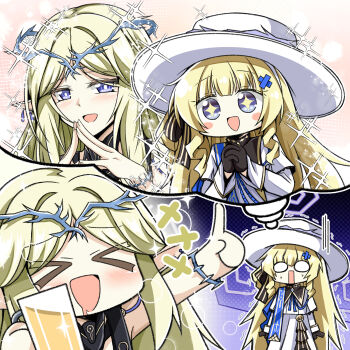 &gt;_&lt; +++ +_+ 2girls beer_mug black_gloves blank_eyes blonde_hair blue_eyes cartethyia_(wuthering_waves) commentary_request crown_of_thorns cup drunk earrings expectation_vs._reality fingernails gloves hat highres holding holding_cup jewelry korean_commentary light_blush long_hair long_sleeves mug multiple_earrings multiple_girls open_mouth own_hands_clasped own_hands_together parted_bangs phoebe_(wuthering_waves) pointy_ears shirt sidelocks skirt smile sparkle sparkling_aura steepled_fingers surprised tacet_mark_(wuthering_waves) trembling white_hat white_shirt white_skirt windy_(jazz9207) wuthering_waves