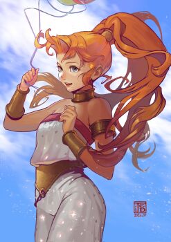 1girl armlet balloon bare_shoulders blue_eyes blue_sky breasts chrono_trigger cloud cloudy_sky cowboy_shot dated fumezu1 gold_armlet gold_bracer gold_choker highres holding holding_balloon jewelry long_hair marle_(chrono_trigger) medium_breasts orange_hair parted_lips ponytail romper single_sidelock sky smile solo white_romper