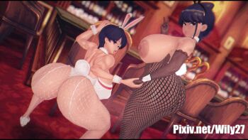 2girls ahoge animated animated_gif ass ass_focus ass_shake bouncing_ass bouncing_breasts breasts fishnets from_behind full_body highleg hip_focus huge_ass huge_breasts huge_nipples illusion_soft koikatsu_(medium) komi-san_wa_komyushou_desu komi_shouko komi_shuuko looking_at_viewer looking_back mature_female mother_and_daughter multiple_girls nipples playboy_bunny purple_eyes purple_hair rabbit_ears rabbit_tail school_uniform serafuku shiny_skin sideboob sidelocks standing thighhighs thighs tongue tongue_out twerking v watermark web_address wily27