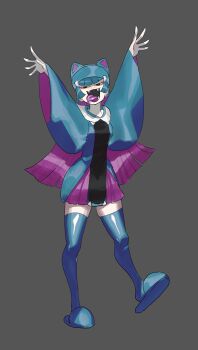 1girl :d absurdres arms_up black_eyes blue_hair blue_slippers blue_thighhighs colored_inner_hair colored_tongue dancho_no_mori earrings fangs foot_up full_body gen_1_pokemon golbat grey_background highres jewelry long_hair long_sleeves miniskirt multicolored_hair nintendo open_mouth personification pokemon purple_hair purple_skirt purple_tongue simple_background skirt slippers smile solo standing standing_on_one_leg thighhighs tongue tongue_out two-tone_hair wide_sleeves zettai_ryouiki