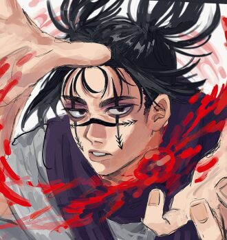 Rule 34 | 1boy, bags under eyes, black hair, choso (jujutsu kaisen), facial mark, hashtag-only commentary, highres, jujutsu kaisen, looking at viewer, male focus, medium hair, outstretched arms, parted lips, pneko, purple tunic, robe, short twintails, sketch, solo, tunic, twintails, upper body, white background, white robe