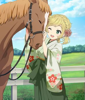 Rule 34 | 1girl, ;d, blonde hair, blue sky, braid, brown horse, closed eyes, cloud, crown braid, day, dot nose, feet out of frame, fence, floral print, floral print kimono, game cg, grass, green eyes, green hakama, green kimono, hakama, horse, japanese clothes, kimono, medium hair, naruse miki (toji no miko), official art, one eye closed, open mouth, outdoors, petting, print kimono, reins, sky, smile, solo, taishou, teeth, third-party source, toji no miko, toji no miko: kizamishi issen no tomoshibi, tree, upper teeth only, wooden fence