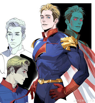 1boy absurdres blonde_hair blood blood_on_face blue_bodysuit blue_eyes blue_octopus12 bodysuit gloves glowing glowing_eyes hand_on_own_hip highres homelander looking_at_viewer male_focus multiple_views parted_lips red_eyes red_gloves sideburns striped_cape superhero_costume the_boys undercut