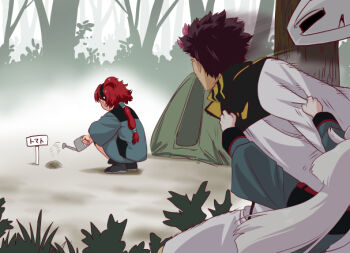 1boy 2girls asticassia_school_uniform behind_tree bit_(gundam) brown_hair grey_hair guel_jeturk gundam gundam_suisei_no_majo hairband long_hair low-tied_long_hair miorine_rembran multiple_girls pulling red_hair school_uniform shorts squatting suletta_mercury tent watering watering_can yamashita_bungo