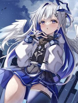 1girl amane_kanata amane_kanata_(work) angel_wings aqua_wings asymmetrical_legwear belt black_dress black_gloves blue_belt blue_hair blue_thighhighs blush colored_inner_hair commentary_request dress feathered_wings feathers gloves gradient_wings grey_hair hair_ornament hairclip halo high_collar highres hololive jacket jewelry long_hair long_sleeves looking_at_viewer low_twintails mismatched_legwear multicolored_hair multicolored_wings multiple_wings necklace official_alternate_costume official_alternate_hair_length official_alternate_hairstyle open_mouth partially_fingerless_gloves pleated_dress puffy_long_sleeves puffy_sleeves purple_eyes sa-ya2 short_dress single_hair_intake single_thighhigh solo star_(symbol) star_halo star_necklace streaked_hair thighhighs twintails uneven_legwear virtual_youtuber white_feathers white_jacket white_wings wings