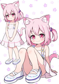 1girl animal_ears cat_ears cat_girl cat_tail character_request commentary_request commission copyright_request dress multiple_views nekono_rin pink_hair skeb_commission smile tail