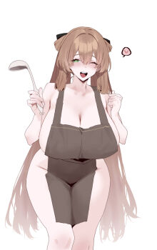 1girl absurdres alternate_breast_size_(larger) apron blush breasts brown_hair cleavage commentary girls&#039;_frontline green_eyes heart highres holding holding_ladle ladle large_breasts long_hair mimyo naked_apron one_eye_closed open_mouth paid_reward_available simple_background smile solo spoken_heart springfield_(girls&#039;_frontline) upper_body white_background
