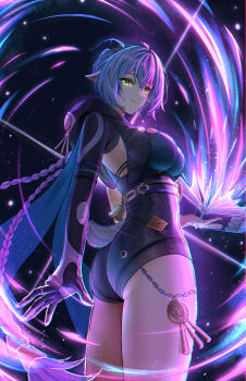 Rule 34 | 1girl, absurdres, animal ears, blue hair, braid, breasts, closed mouth, from side, goat ears, goat girl, goat horns, highres, hood, hood down, horns, long hair, looking at viewer, lucia elowen, pointy ears, smile, solo, standing, thighs, twin braids, yellow eyes, ying ling, zenless zone zero