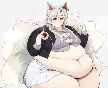 1girl 7sufyfhysfsdkn0 animal_ears big_belly blush breasts button_gap donut eating fat fat_woman flower flower_on_head food food_in_mouth fox_ears fox_girl grey_hair highres holding holding_food jacket large_breasts navel obese open_clothes open_jacket original red_eyes red_flower shirt sidelocks sitting skirt solo spider_lily sweat tight_clothes