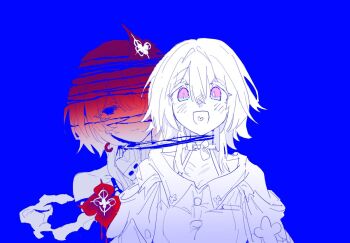 2girls :d blue_background blush buttons choker earrings empty_eyes evernight_(honkai:_star_rail) flower hashtag-only_commentary honkai:_star_rail honkai_(series) jewelry march_7th_(honkai:_star_rail) march_7th_(preservation)_(honkai:_star_rail) medium_hair multicolored_eyes multiple_girls off_shoulder open_mouth partially_colored red_flower shirt single_bare_shoulder single_earring smile two-tone_eyes zettametre