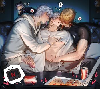 ! 1girl 3boys abs absurdres after_kiss antenna_hair black_pants black_shirt blanket blonde_hair blush braid caelus_(honkai:_star_rail) can cipher_(honkai:_star_rail) closed_eyes closed_mouth clothes_lift commentary condom condom_in_mouth controller couch drawstring drink_can earrings english_commentary erection food grey_hair grey_pants groping group_sex hand_on_another's_chest hand_on_another's_crotch hand_under_clothes hand_under_shirt handjob heart highres holding honkai:_star_rail honkai_(series) hood hood_down hoodie indoors jewelry kiss looking_at_another male_focus male_harem mmm_threesome mouth_hold multicolored_hair multiple_boys muscular muscular_male mydei_(honkai:_star_rail) navel nipples on_couch open_box open_fly open_mouth pants parted_lips pectorals penis phainon_(honkai:_star_rail) pizza pnk_crow red_hair saliva saliva_trail shirt shirt_lift short_hair short_sleeves side_braid single_braid sitting skin_tight smile soda_can speech_bubble spoken_exclamation_mark spoken_heart spread_legs sweat table teeth threesome toned toned_male tongue tongue_out trailblazer_(honkai:_star_rail) trembling two-tone_hair uncensored underwear white_hair white_hoodie white_pants white_shirt yaoi yellow_eyes