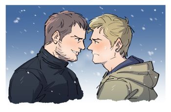 Rule 34 | 2boys, black shirt, blonde hair, blue shirt, blush, border, brown hair, chris redfield, closed mouth, commentary, cropped torso, english commentary, ethan winters, eye contact, facial hair, frown, grin, highres, hood, hood down, hooded jacket, jacket, kalamari, layered clothes, looking at another, male focus, multiple boys, nervous, nervous sweating, profile, resident evil, resident evil village, shirt, sideburns, sky, smile, snow, sweat, sweatdrop, teeth, turtleneck, white border, yellow jacket