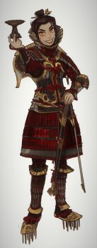 1girl armor avatar:_the_last_airbender avatar_legends azula black_hair boots chalice commentary cup english_commentary full_body hair_ornament hair_stick hand_on_own_hip highres holding holding_cup japanese_armor lipstick looking_at_viewer makeup mossacannibalis orange_eyes original red_lips shoulder_armor simple_background smile sode solo spiked_boots sword topknot weapon white_background