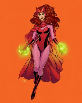 1girl boots cape commentary curly_hair english_commentary floating_hair full_body gloves green_eyes highres leotard long_hair looking_at_viewer magic marvel orange_background orange_hair parted_lips pink_bodystocking red_boots red_cape red_gloves red_leotard red_lips red_tiara russell_dauterman scarlet_witch solo strapless strapless_leotard superhero_costume wanda_maximoff western_comics_(style) x-men x-men:_the_animated_series