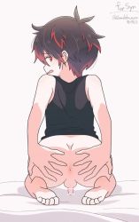 1boy animated anus ass bar_censor barefoot black_hair blush censored closed_eyes dondoko_mozutaro feet from_behind grabbing_own_ass looking_back lowres male_focus penis red_eyes short_hair shota soles solo spread_anus testicles toes video white_background