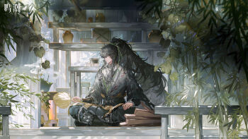 1boy absurdres arm_armor black_hair black_pants cloak closed_mouth green_ribbon hair_ribbon highres holding indoors logo long_hair male_focus missing_commentary official_art pants ponytail qiuyuan_(wuthering_waves) ribbon sitting solo white_cloak wuthering_waves
