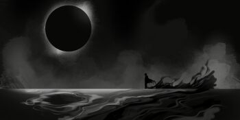 1boy aerisabella commentary cover cover_page dim_lighting eclipse english_commentary from_side full_body greyscale highres logo monochrome shadow_slave smoke solo standing sunny_(shadow_slave) textless_version