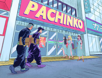 Rule 34 | 2boys, 3girls, akemi (jojo), bag, brown shoes, commentary request, delinquent, diamond wa kudakenai, hand on own hip, higashikata josuke, jojo no kimyou na bouken, long hair, multiple boys, multiple girls, nijimura okuyasu, oniyama831, outdoors, pleated skirt, reiko (jojo), school uniform, shoes, side slit, skirt, sukeban, sword, walking, wavy hair, weapon, wooden sword, yoshie (jojo)