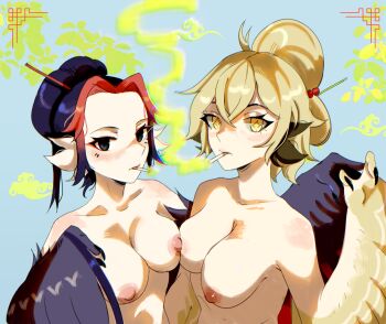 2girls absurdres animal_ears bird_ears black_eyes black_feathers black_hair black_wings blonde_hair blush breast_press breasts cigarette claws commentary crossed_bangs english_commentary feathered_wings feathers hair_between_eyes hair_ornament hair_stick hair_up highres inktober looking_at_viewer medium_breasts multicolored_hair multiple_girls nipples nude original parted_lips red_hair smoking star-shaped_pupils star_(symbol) symbol-shaped_pupils twitter_username two-tone_hair unreal_fish winged_arms wings yellow_eyes yellow_feathers yellow_smoke yellow_wings