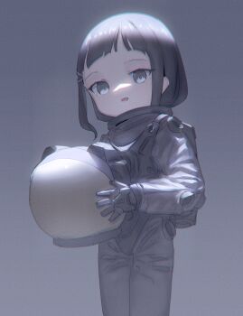 1girl absurdres astronaut black_hair captaintcher grey_eyes helmet highres holding holding_unworn_helmet looking_at_viewer original pointy_ears smile solo spacesuit unworn_headwear unworn_helmet