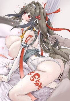 1boy 1girl absurdres all_fours ass bar_censor bed bedroom blurry blurry_background blush bouncing_breasts breasts breasts_out brown_hair brown_tail censored commentary_request daram_(shappydude) doggystyle feet_out_of_frame female_ejaculation from_side grabbing_another&#039;s_hair hair_ornament hair_ribbon hairband heart hetero highres holding_another&#039;s_hair indoors large_breasts leg_tattoo leotard leotard_pull long_hair nipples on_bed open_mouth penis pussy_juice red_eyes red_ribbon ribbon rough_sex sex sex_from_behind solo_focus sweat tattoo thighs white_hairband white_leotard ye_shunguang zenless_zone_zero