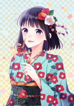 1girl black_sash blue_eyes blue_kimono camellia_print checkered_background floral_print flower flower_request gradient_background hair_flower hair_ornament holding japanese_clothes kimono leaf blue_background blue_kimono looking_at_viewer natsumikan27 obi obijime object_request open_mouth original pinwheel print_sash red_flower rose_print sash short_hair smile solo upper_body white_flower wide_sleeves