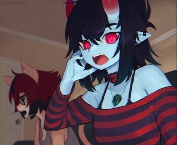 2girls aeiou_(yoako) animal_ears black-framed_eyewear black_hair black_nails black_shirt blue_skin borrowed_character breasts cat_ears cat_girl cleavage closed_mouth collarbone colored_skin fangs furry furry_female glasses horns jewelry large_breasts looking_at_viewer multicolored_shirt multiple_girls necklace off-shoulder_shirt off_shoulder open_mouth original pointy_ears red_eyes red_hair red_shirt sharp_teeth shirt short_hair striped_clothes striped_shirt teeth tongue twitter_username yoako