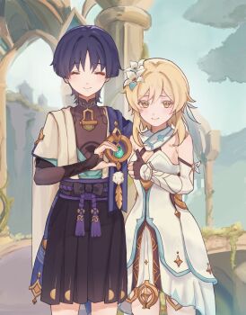 1boy 1girl anemo_symbol_(genshin_impact) aqua_gemstone aqua_kimono aqua_sleeves arm_cutout armor bare_shoulders belt black_belt black_bodysuit black_bow black_bridal_gauntlets black_gloves black_shorts blonde_hair blue_flower blue_trim blunt_ends bodysuit bow breasts bridal_gauntlets cleavage closed_eyes closed_mouth clothing_cutout detached_sleeves eyelashes eyeliner eyeshadow facing_viewer feathers flower gem genshin_impact gloves gold hair_between_eyes hair_flower hair_intakes hair_ornament hakama hakama_shorts half-heart_hands halterneck han&#039;eri hand_up heart_hands_failure hetero highres i8o54n japanese_armor japanese_clothes kimono kote kurokote layered_kimono layered_sleeves looking_at_viewer lumine_(genshin_impact) makeup mandarin_collar medium_breasts middle_eastern_architecture multicolored_flower open_clothes open_kimono outdoors partially_fingerless_gloves plant pleated_shorts pom_pom_(clothes) purple_hair purple_rope purple_sash red_eyeliner red_eyeshadow rope sash scaramouche_(genshin_impact) scarf short_hair short_hair_with_long_locks short_sleeves shorts shoulder_peek sidelocks smile standing tassel thumbs_up vambraces vines vision_(genshin_impact) wanderer_(genshin_impact) white_kimono white_scarf white_sleeves yellow_eyes yellow_feathers