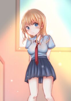 Rule 34 | 1girl, absurdres, arms behind back, binetsu kuukan, blonde hair, blue eyes, blue skirt, fruits basket, highres, indoors, irastmanaby, light blush, light particles, long hair, looking at viewer, loose necktie, necktie, red necktie, school uniform, skirt, window