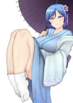 Rule 34 | 1girl, aged up, alternate costume, ass, bare legs, blue eyes, blue hair, blush, closed mouth, curvy, female focus, flower, full body, hair flower, hair ornament, half-closed eyes, heterochromia, highres, hip focus, holding, holding umbrella, japanese clothes, kimono, knees up, legs, long sleeves, looking at viewer, nicutoka, red eyes, short hair, simple background, smile, socks, solo, tatara kogasa, thick thighs, thighs, touhou, umbrella, white background, white socks, wide hips
