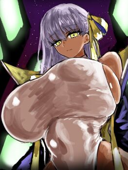 1girl bare_shoulders bb_(fate) bb_(swimsuit_mooncancer)_(third_ascension)_(fate) bb_(swimsuit_mooncancer)_(third_ascension)_(fate)_(cosplay) black_coat blush breasts coat commentary_request cosplay covered_erect_nipples covered_navel dark-skinned_female dark_skin fate/grand_order fate_(series) glowing glowing_eyes gold_ribbon golden_bb_(fate) hair_ribbon highleg highleg_leotard highres huge_breasts leotard long_hair looking_at_viewer maabo_harusame neck_ribbon night open_clothes open_coat popped_collar purple_hair ribbon self_cosplay sideboob solo tan television very_long_hair white_leotard yellow_eyes