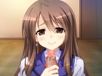 1boy 1girl aoi_masami blush brown_eyes brown_hair censored cum earrings game_cg handjob harukaze_mai_(tsmg_nao!) hetero jewelry large_variant_set long_hair looking_at_viewer mosaic_censoring non-web_source official_art penis school_uniform smile solo_focus ts_magical_girl_nao variant_set