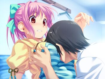 1boy 1girl ahoge between_breasts black_hair blush bow breasts clenched_teeth clothes_hanger face_between_breasts fingernails flying_sweatdrops game_cg grabbing_another's_breast groping hair_bow hair_intakes head_between_breasts highres hinata_hanabi koutaro medium_breasts pink_hair ponytail red_eyes striped_clothes surprised sweater teeth tropical_kiss