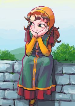 1girl brown_hair closed_mouth commentary_request curly_hair dragon_quest dragon_quest_vii dress full_body green_eyes hood long_hair maribel_(dq7) shibara_hiro sitting solo