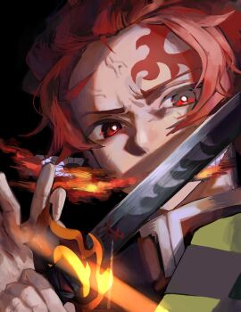1boy black_background checkered_haori commentary_request demon_slayer_uniform earrings hanafuda_earrings haori highres holding holding_weapon japanese_clothes jewelry kamado_tanjirou kimetsu_no_yaiba looking_at_viewer male_focus oz_8a red_eyes red_hair scar scar_on_face scar_on_forehead short_hair simple_background solo weapon