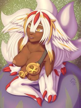 Rule 34 | 1girl, absurdres, alternate breast size, breasts, claws, colored skin, dark-skinned female, dark skin, faputa, fur, hair between eyes, highres, made in abyss, navel, nipples, nude, poorly drawn, sacrificabominat, solo, white fur, white hair, yellow eyes