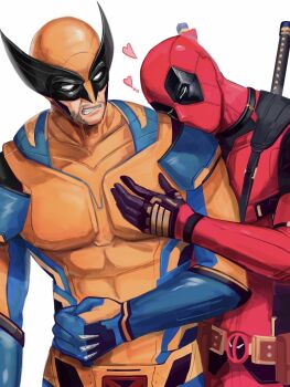 beard belt bodysuit clenched_teeth deadpool deadpool_&amp;_wolverine deadpool_(series) facial_hair gloves grabbing_another&#039;s_pectorals hamu_popopo head_on_another&#039;s_shoulder heart highres katana male_focus marvel multicolored_bodysuit multiple_boys muscular muscular_male pectoral_grab pectorals red_bodysuit red_mask superhero_costume sword sword_on_back teeth two-tone_bodysuit utility_belt weapon weapon_on_back wolverine_(x-men) x-men yaoi yellow_bodysuit