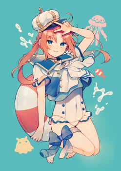 Rule 34 | 1girl, amagi hana, aqua background, blue bow, blue sailor collar, bow, closed mouth, ensemble stars!, full body, genderswap, genderswap (mtf), green eyes, highres, lifeguard, looking at viewer, one-piece swimsuit, orange hair, sailor collar, smile, solo, swimsuit, tsukinaga leo, twintails, white headwear, white one-piece swimsuit