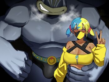 1boy 1girl alternate_breast_size_(larger) black_background blonde_hair blue_hair breasts bulge canari_(pokemon) cleavage cropped_jacket dark-skinned_female dark_skin extra_arms faceless faceless_male gen_1_pokemon grin hand_around_waist heart heart-shaped_pupils height_difference hetero highres huge_breasts interspecies kisa11419985316 machamp mask mouth_mask multicolored_hair muscular muscular_male nintendo pokemon pokemon_(creature) pokemon_legends:_z-a pokephilia purple_eyes short_twintails simple_background size_difference smile split-color_hair symbol-shaped_pupils twintails two-tone_hair v zipper_pull_tab