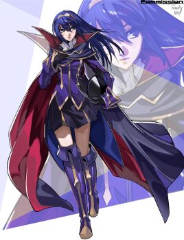1girl absurdres alternate_costume artist_name black_gloves blue_eyes blue_hair cape closed_mouth code_geass commentary commission cosplay crossover fire_emblem fire_emblem_awakening floating_hair frosty_neo1 gloves hair_between_eyes high_collar highres lelouch_vi_britannia lelouch_vi_britannia_(cosplay) long_hair long_sleeves lucina_(fire_emblem) nintendo solo tiara