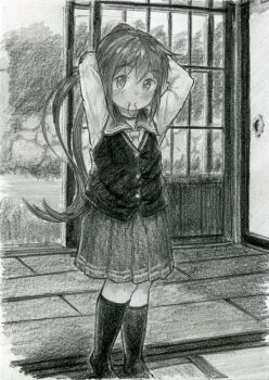 Rule 34 | 1girl, blush, commentary request, fumizuki (kancolle), graphite (medium), greyscale, hair tie in mouth, highres, indoors, irogawara naomitu, kantai collection, monochrome, mouth hold, skirt, smile, solo, traditional media, tying hair