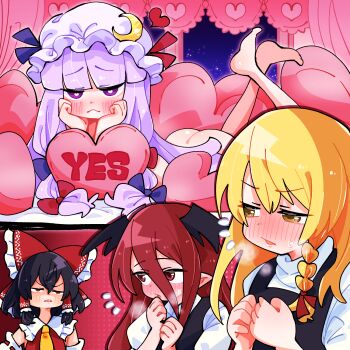 4girls annoyed ascot ass bare_shoulders bed_sheet black_hair black_vest blonde_hair blunt_bangs blush bow braid brown_eyes commentary crescent crescent_hat_ornament detached_sleeves embarrassed frown gram_9 grin hair_between_eyes hair_tubes hakurei_reimu hat hat_ornament head_rest head_wings heart heart-shaped_pillow heart-shaped_pupils highres kirisame_marisa koakuma long_bangs long_hair looking_at_viewer lying medium_hair mob_cap multiple_girls no_headwear nude on_stomach own_hands_together parted_lips patchouli_knowledge pillow pointy_ears purple_eyes purple_hair red_bow red_eyes red_hair red_shirt shirt sleeveless sleeveless_shirt smile symbol-shaped_pupils touhou vest white_shirt wings yellow_ascot yellow_eyes yes-no_pillow