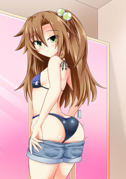 1girl ass bare_shoulders bikini blush breasts brown_hair butt_crack choujigen_game_neptune compile_heart dressing embarrassed from_behind green_eyes hair_bobbles hair_ornament highres idea_factory if_(neptunia) jiggle kyou_(hibikit) long_hair looking_at_viewer neptune_(series) open_mouth shiny_clothes shiny_skin short_shorts shorts sideboob small_breasts solo swimsuit very_long_hair