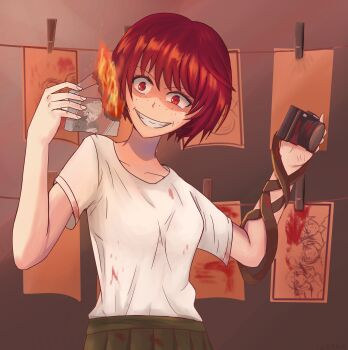 1girl absurdres blood blood_on_clothes blood_on_object blood_on_photo burning burning_photo camera collared_shirt commentary czarka123 danganronpa_(series) danganronpa_3_(anime) dark_persona english_commentary evil_grin evil_smile fingernails fire freckles grin highres holding holding_camera koizumi_mahiru naegi_makoto official_alternate_costume official_alternate_eye_color photo_(object) red_eyes red_hair shirt short_hair short_sleeves smile solo spoilers t-shirt teeth white_shirt