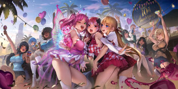 6+girls aiko_yumi alcohol anniversary armpits audrey_belrose balloon beli_lapran black_hair blonde_hair blue_eyes blue_hair blush breasts brown_hair building celebration cigarette confetti crossed_legs cup curly_hair dark-skinned_female dark_skin drink drinking_glass face_piercing fairy fairy_wings fingerless_gloves fireworks glasses gloves gluteal_fold green_eyes hair_ornament hand_up hands_up heart high_heels highres hunie_(series) hunie_pop huniepop jessie_maye kopianget kyanna_delrio kyu_sugardust large_breasts lola_rembrite lolita_fashion long_hair medium_hair multiple_girls nail_polish navel nikki_ann-marie nose_piercing one_eye_closed open_mouth outdoors outstretched_arm outstretched_arms palm_tree piercing pink_hair red_eyes red_hair school_uniform short_hair skirt skyscraper spilled_drink thighhighs tiffany_maye tree twintails wings wink zettai_ryouiki