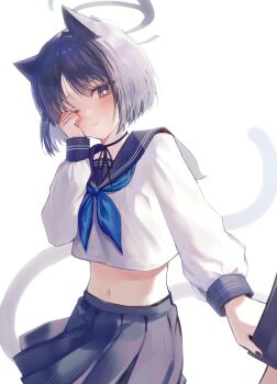 1girl 1other animal_ears black_eyes black_halo black_nails black_ribbon blue_archive blue_neckerchief blue_sailor_collar blue_skirt blush bright_pupils cat_ears cat_tail closed_mouth commentary_request cowboy_shot crop_top crop_top_overhang cropped_shirt floating_clothes grabbing_another&#039;s_arm halo hand_on_own_face hand_up heppe highres kikyou_(blue_archive) light_frown long_sleeves looking_at_another midriff nail_polish navel neck_ribbon neckerchief one_eye_closed outstretched_arm parted_bangs pleated_skirt purple_hair reaching reaching_towards_another ribbon rubbing_eyes sailor_collar school_uniform serafuku shirt short_hair simple_background skirt solo tail white_background white_pupils white_shirt wispy_bangs