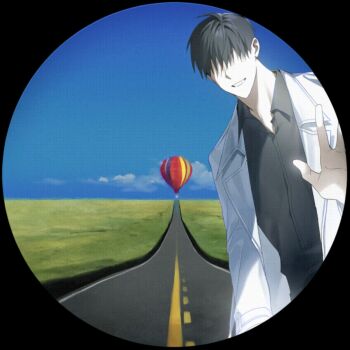 1boy animated animated_gif black_hair black_shirt coat collared_shirt facing_viewer from_behind grin hand_in_pocket highres kim_dokja male_focus no_eyes omniscient_reader's_viewpoint open_clothes open_coat shirt short_hair smile solo tanppopo9 vision_test waving white_coat