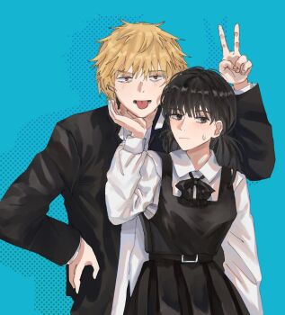 1boy 1girl black_dress black_eyes black_hair blonde_hair chainsaw_man collared_shirt denji_(chainsaw_man) dress eananaia fourth_east_high_school_uniform gakuran highres long_hair long_sleeves looking_at_viewer low_twintails mitaka_asa red_eyes school_uniform shirt short_hair sweatdrop tongue tongue_out twintails v white_shirt