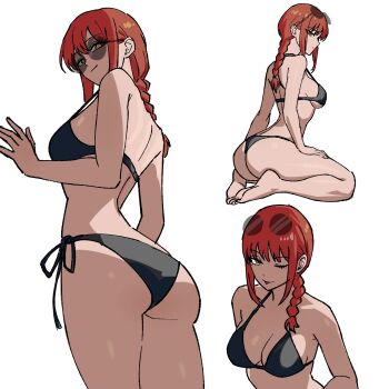 1girl against_wall ass ass_focus bikini black_bikini breasts chainsaw_man cleavage from_side glasses half-closed_eyes highres large_breasts legs long_hair looking_at_viewer looking_back makima_(chainsaw_man) mature_female medium_hair multiple_views naughty_face navel one_eye_closed panties presenting seductive_gaze seductive_smile sexually_suggestive sideboob sitting smile sunglasses swimsuit thick_thighs thighs tongue tongue_out underwear zeon_(zzeeonn)